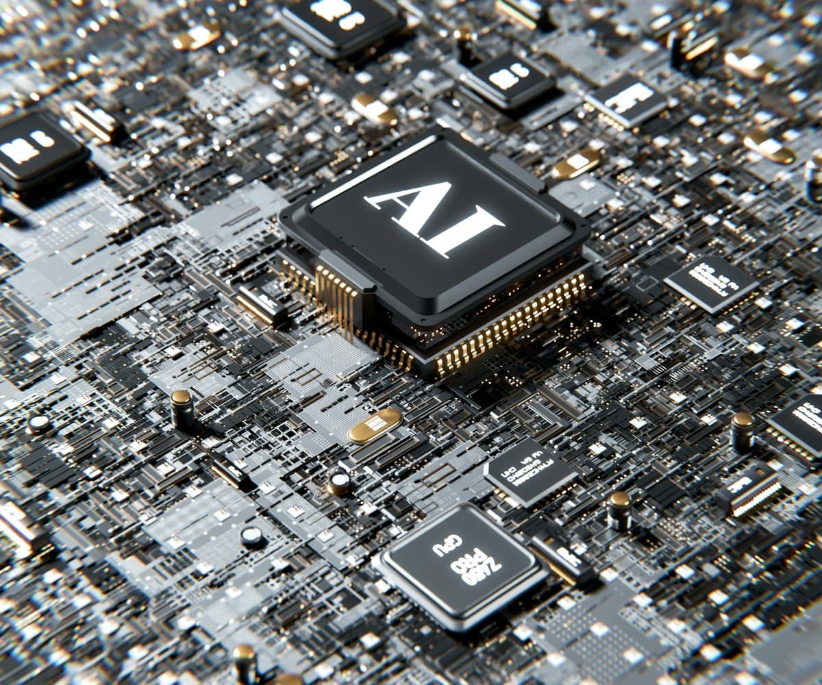 Chip de computador com logotipo de inteligência artificial em destaque sobre fundo escuro