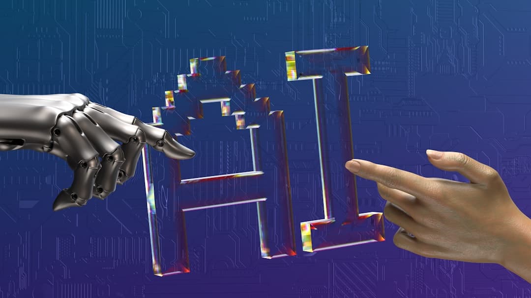 Robot and human hands reaching toward AI text — representing the integration between human systems and AI agents via the Model Context Protocol