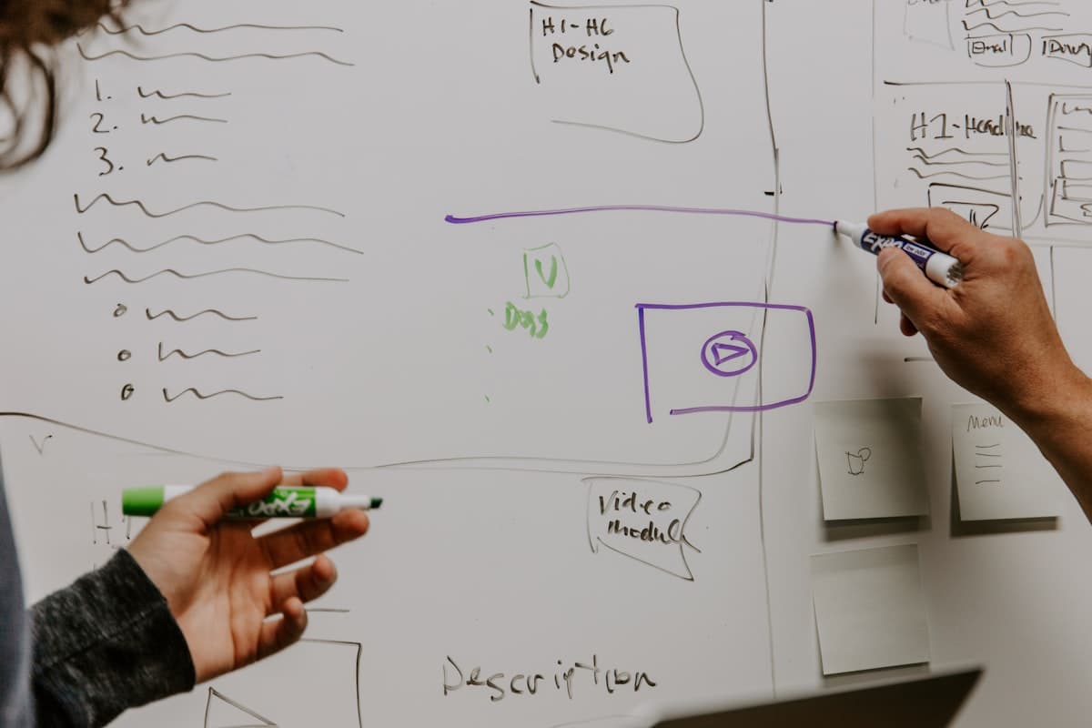 Duas pessoas desenhando e discutindo um fluxo em um quadro branco, planejando a especificação antes de codificar